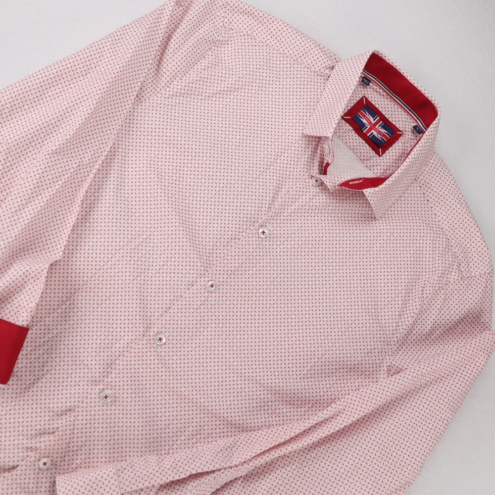 Soul of London Mens Button Down Shirt Red White Geometric Print Stretch‎ Large